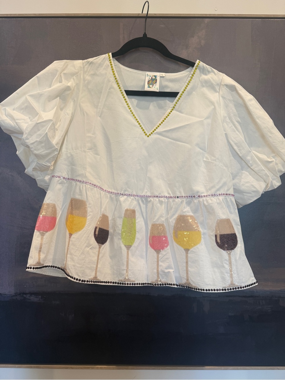 QUEEN OF SPARKLES White Peplum Blouse with Multicolor Wine Glass Embroidery